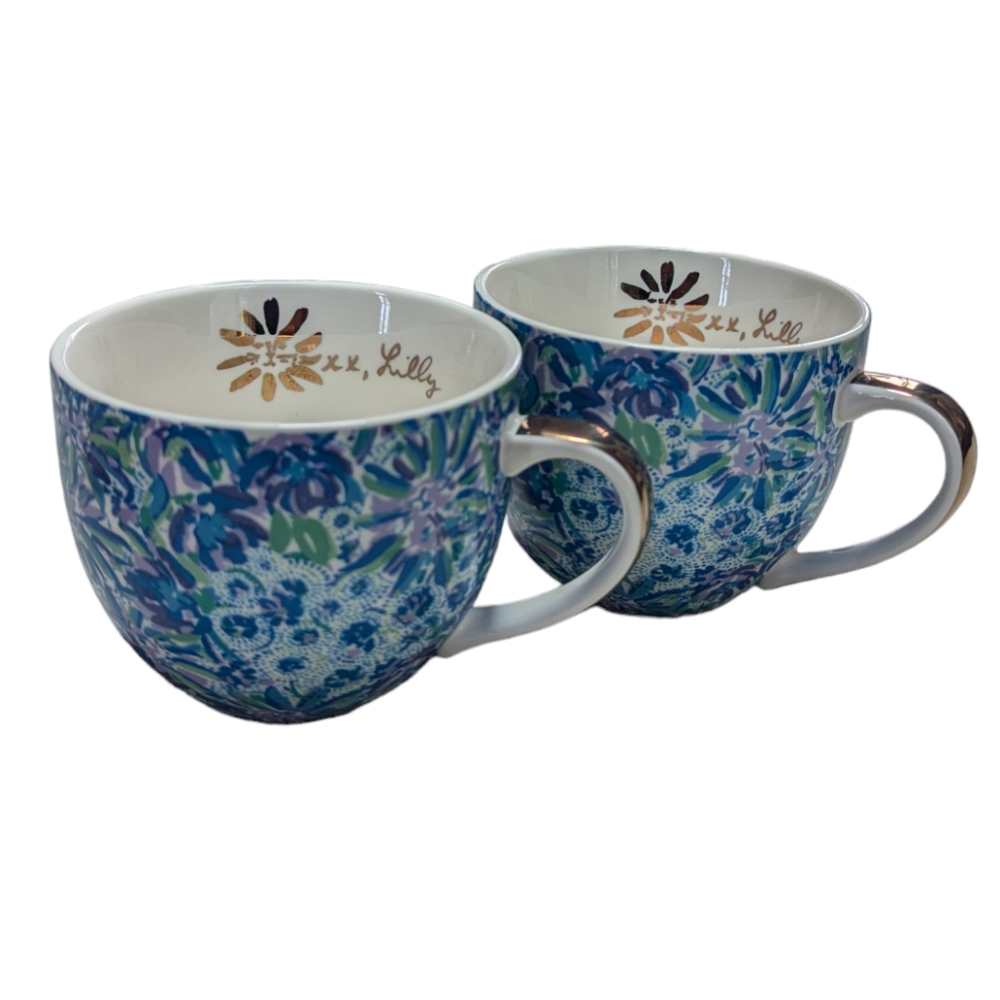 Lilly Pulitzer, "Hidden Cat" oversized mugs. Set of two